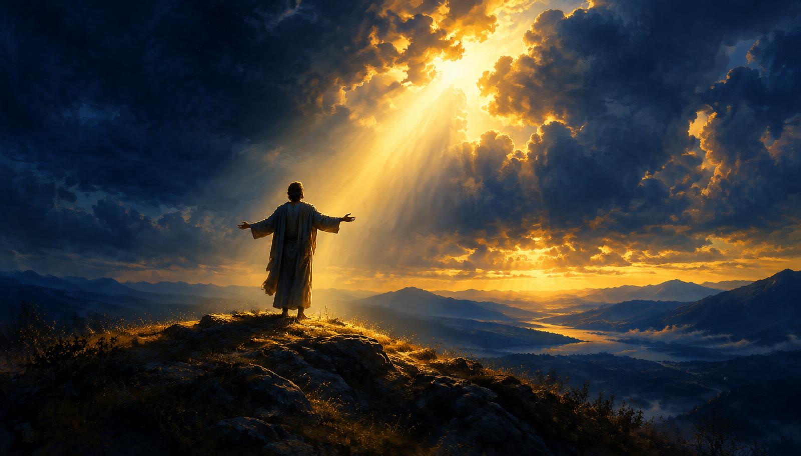 Dawn light breaking over a figure on a hill